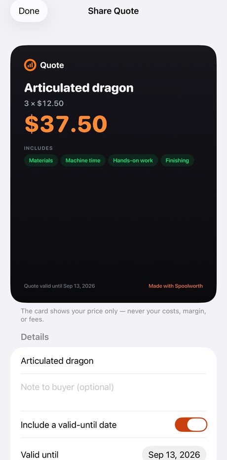 A buyer-facing quote card showing price and categories but no seller costs.